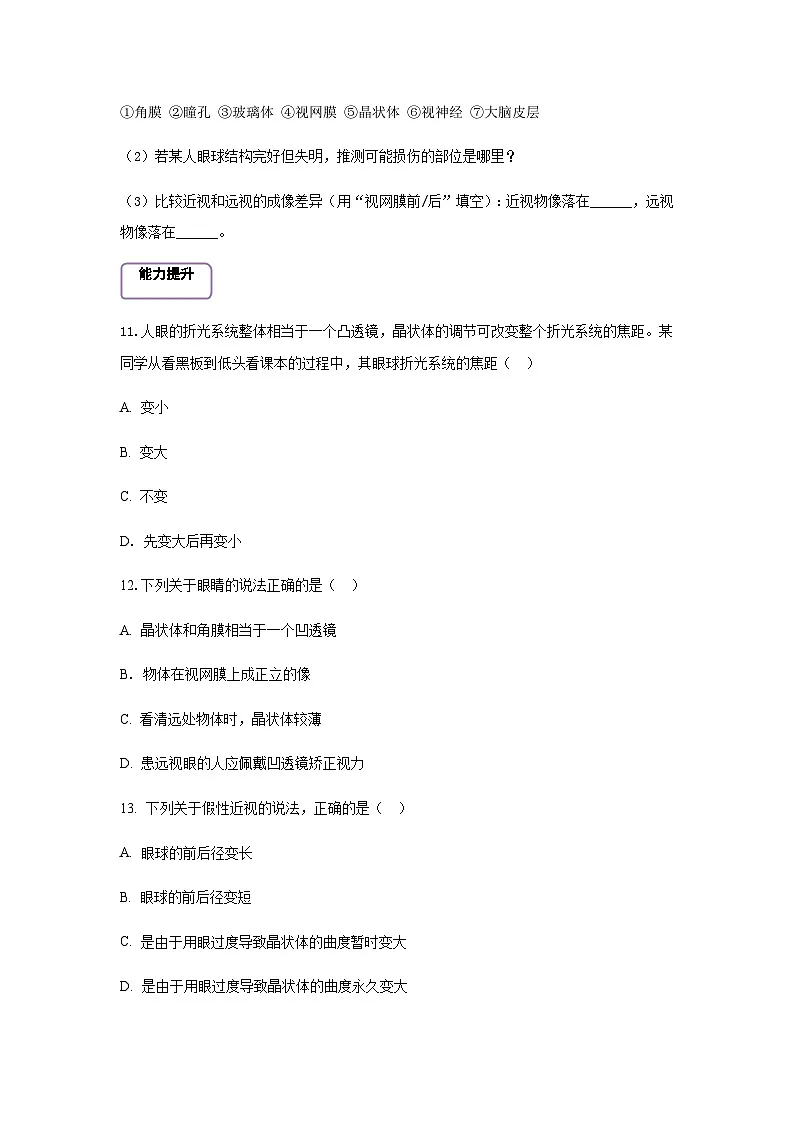 【核心素养】冀少版初中生物七下3.5.3.1感觉的形成（视觉） 分层作业（含答案）第3页