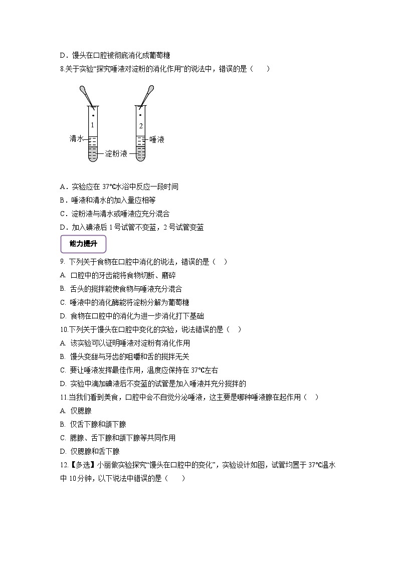 【核心素养】冀少版初中生物七下 3.1.3.1 食物在口腔中的消化 分层作业（含答案）第2页