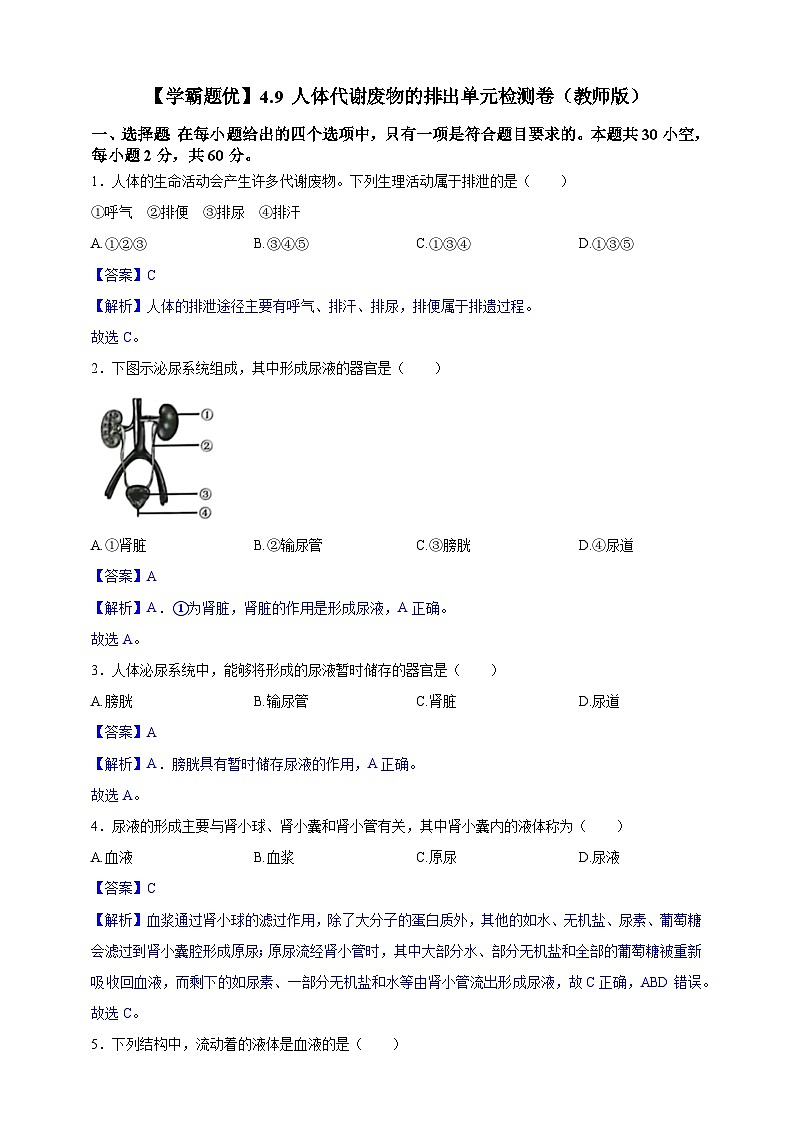 【学霸题优】4.9 人体代谢废物的排出 单元检测卷（教师版）第1页