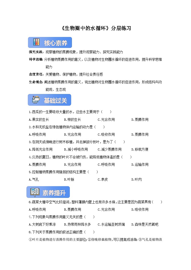 苏教版初中生物七下 4.10.2生物圈中的水循环 分层练习（含答案）第1页