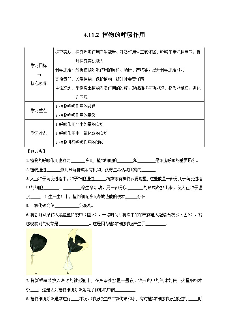 苏教版初中生物七下 4.11.2植物的呼吸作用 导学案（含答案）第1页