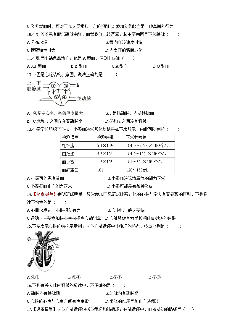 【情境卷】第2章 循环系统与物质运输单元测试卷--冀少版（2024）生物七下第2页