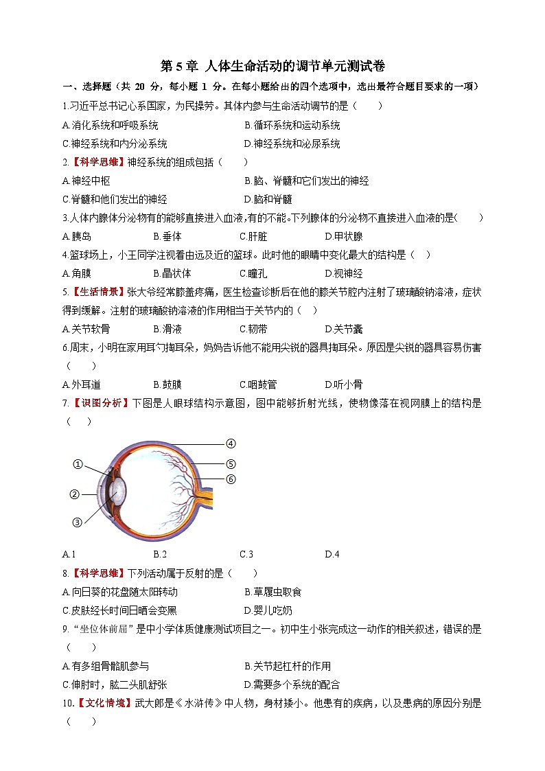 【情境卷】第5章 人体生命活动的调节单元测试卷--冀少版（2024）生物七下第1页