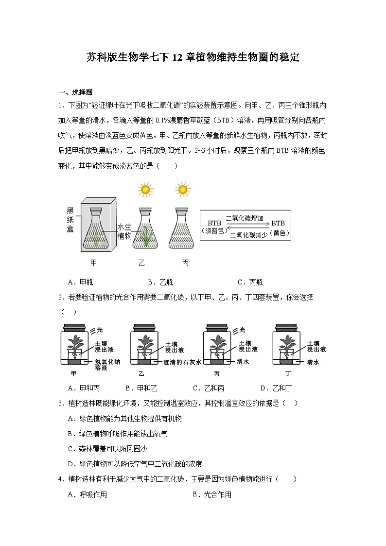 苏科版初中生物七下 5.12 植物维持生物圈的稳定 同步练习（含答案）第1页