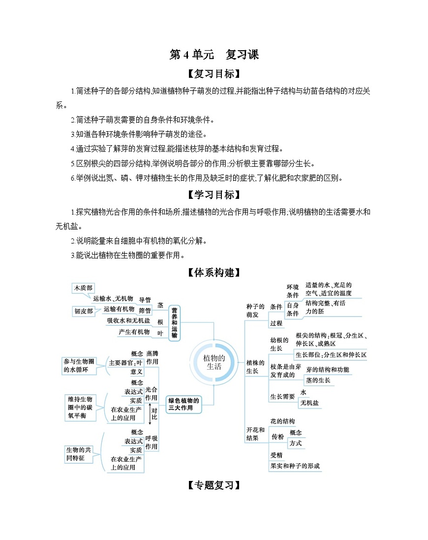 第4单元 复习课 导学案（含答案） 苏教版初中生物七年级下册第1页