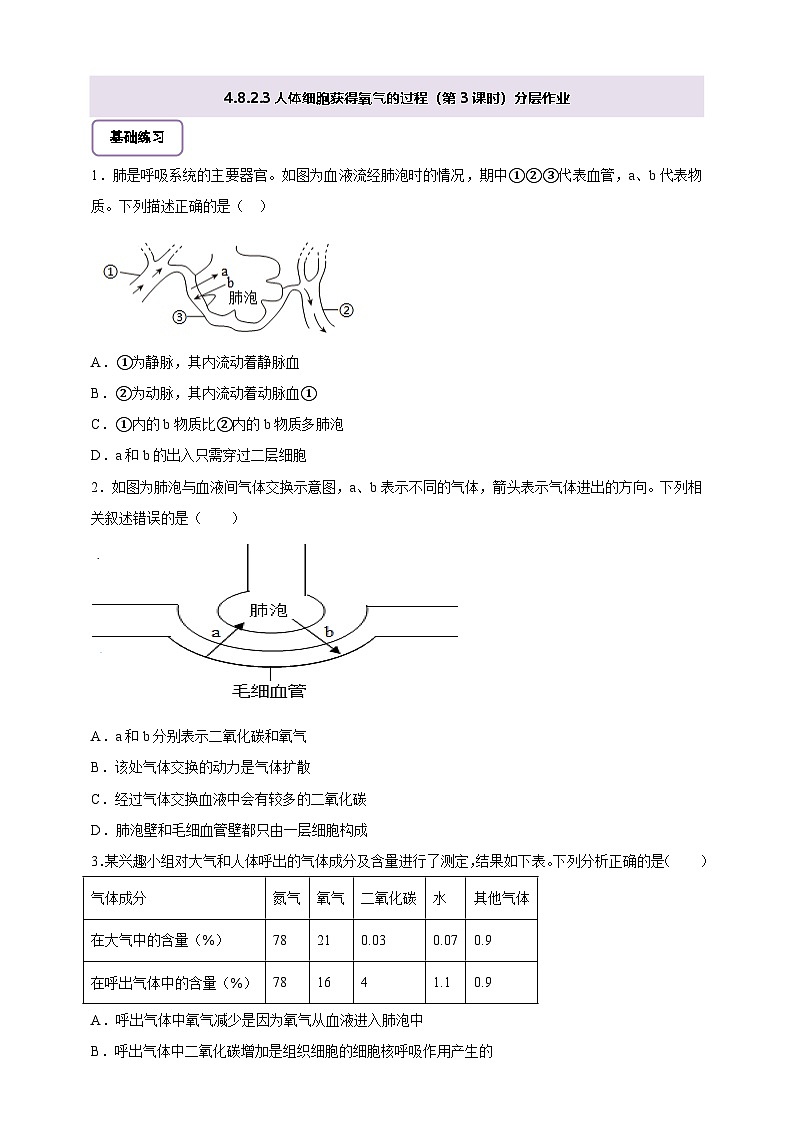 北师大版初中生物七下 4.8.2.3人体细胞获得氧气的过程（第3课时） 分层作业（含答案）第1页