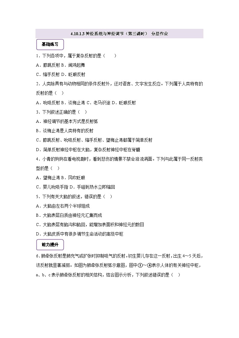 北师大版初中生物七下 4.10.1.3神经系统与神经调节（第三课时） 分层作业（含答案）第1页