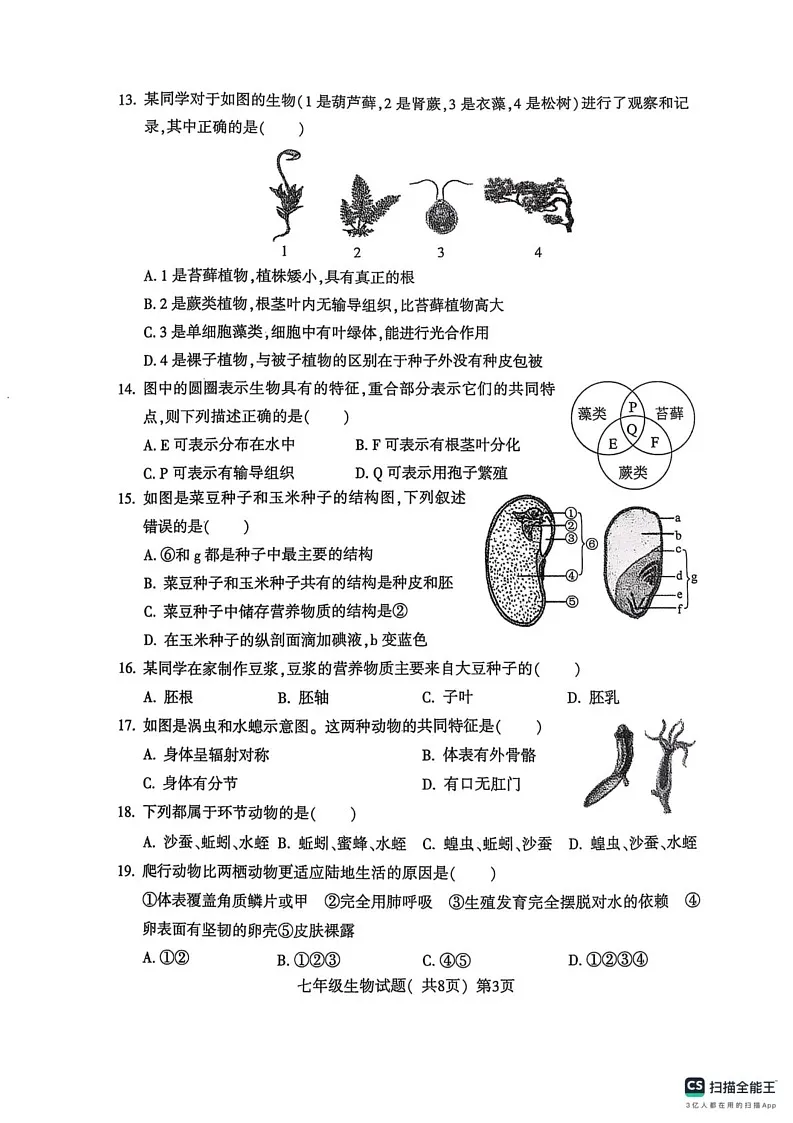 山东省聊城市莘县2024-2025学年七年级上学期1月期末生物试题第3页