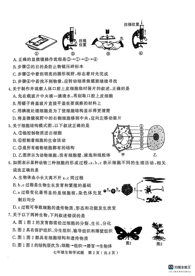 山东省济宁市梁山县2024--2025学年七年级上学期期末教学质量调研生物试题第2页