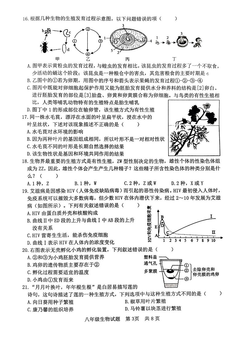山东省日照市东港区2024-2025学年八年级上学期1月期末生物试题第3页