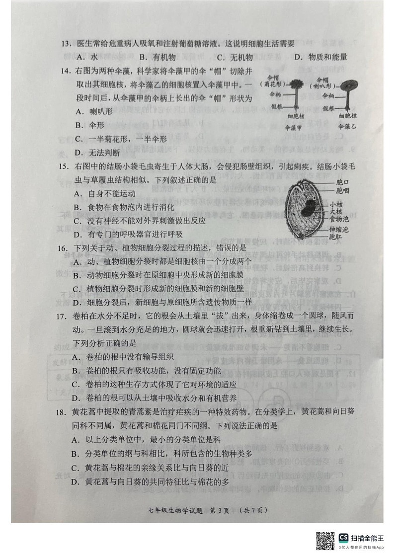山东省日照市五莲县2024-2025学年七年级上学期1月期末生物试题第3页