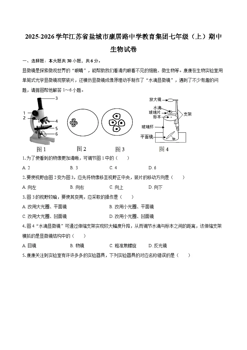 2025-2026学年江苏省盐城市康居路中学教育集团七年级（上）期中生物试卷（有答案和解析）第1页