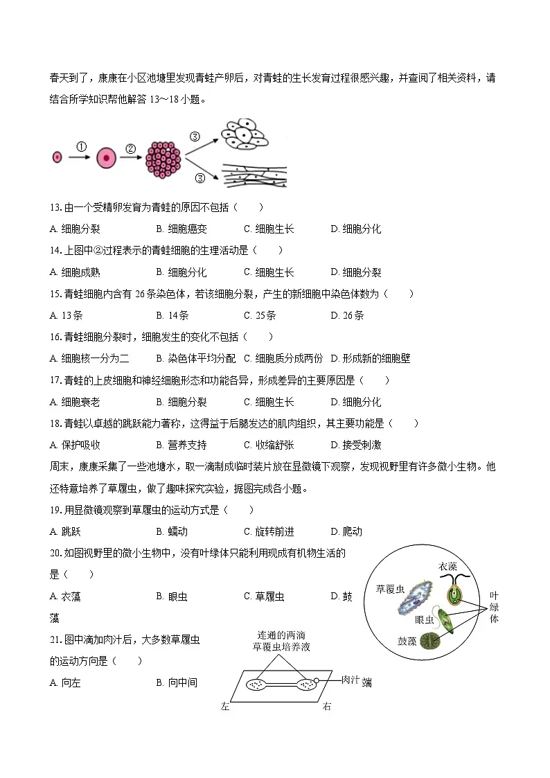 2025-2026学年江苏省盐城市康居路中学教育集团七年级（上）期中生物试卷（有答案和解析）第3页