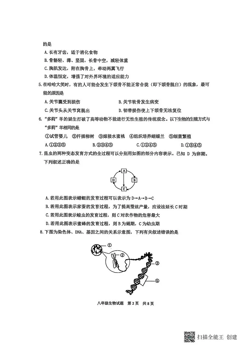 山东省泰安市宁阳县2024-2025学年八年级上学期期末考试生物试题第2页