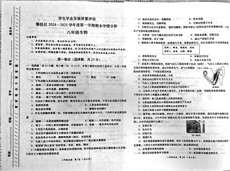 陕西省西安市鄠邑区2024-2025学年八年级上学期1月期末生物试题第1页