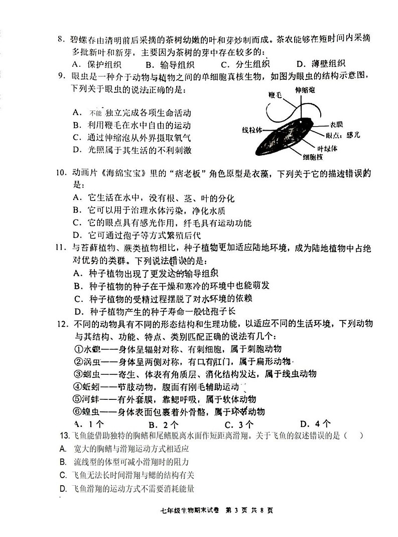 四川省德阳市广汉市2024-2025学年七年级上学期1月期末生物试题第3页