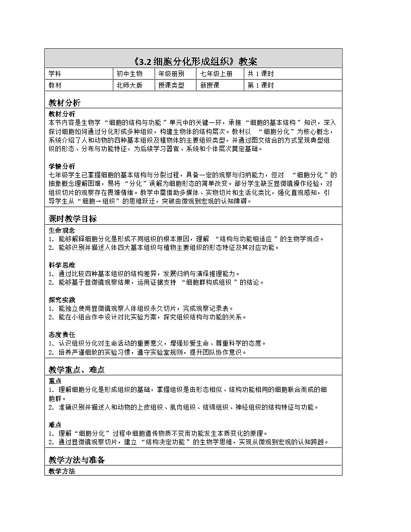 《3.2 细胞分化形成组织》教学设计（表格版）-2025-2026学年北师大版（2024）生物七年级上册第1页