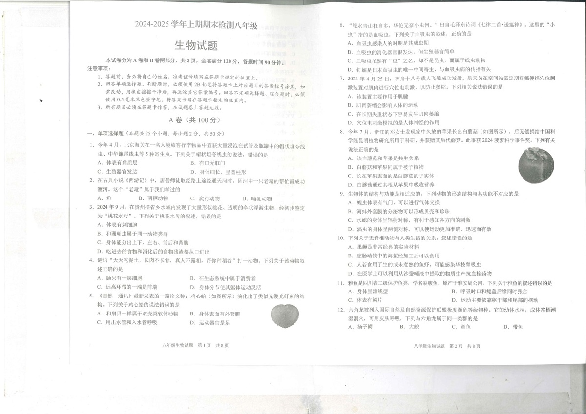 四川省雅安市2024-2025学年八年级上学期期末检测生物试题第1页