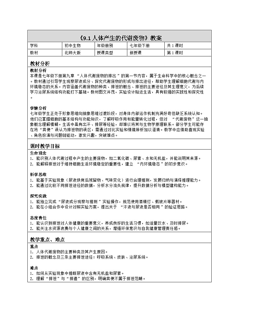 《9.1 人体产生的代谢废物》教学设计（表格版）-2025-2026学年北师大版（2024）生物七年级下册第1页