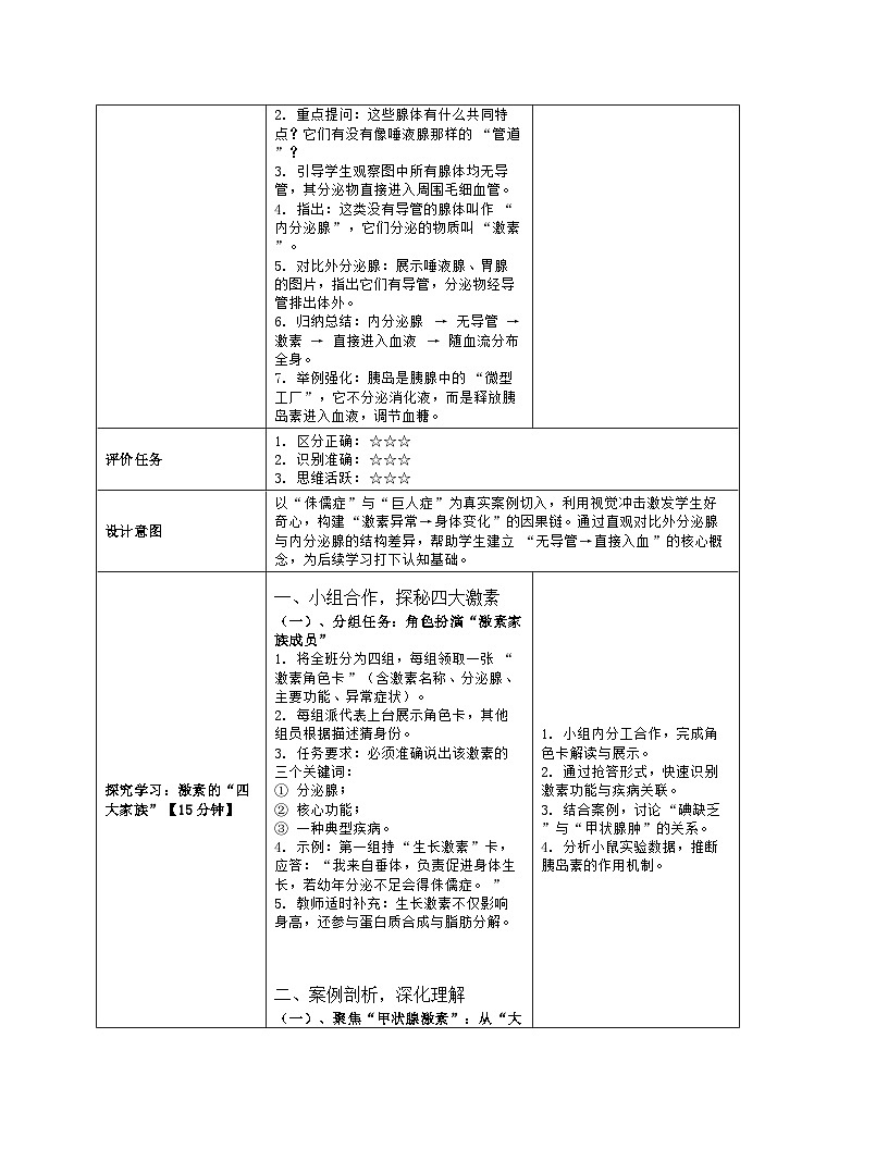 《10.3 激素调节》教学设计（表格版）-2025-2026学年北师大版（2024）生物七年级下册第3页