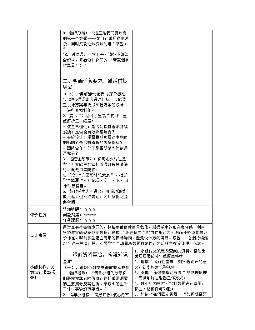 《跨学科实践活动：活动一 自制实验装置，认识吸烟有害健康》教学设计（表格版）-2025-2026学年北师大版（2024）生物七年级下册第3页