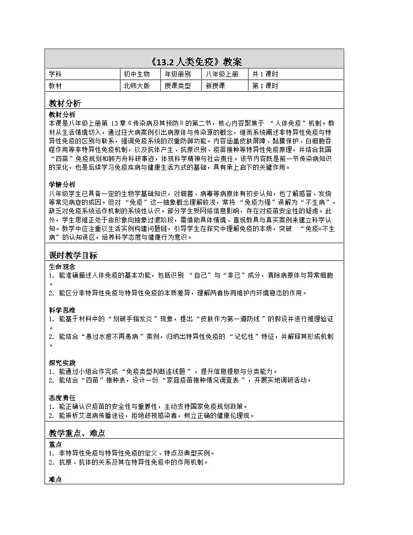 《13.2 人类免疫》教学设计（表格版）-2025-2026学年北师大版（2024）生物八年级上册第1页