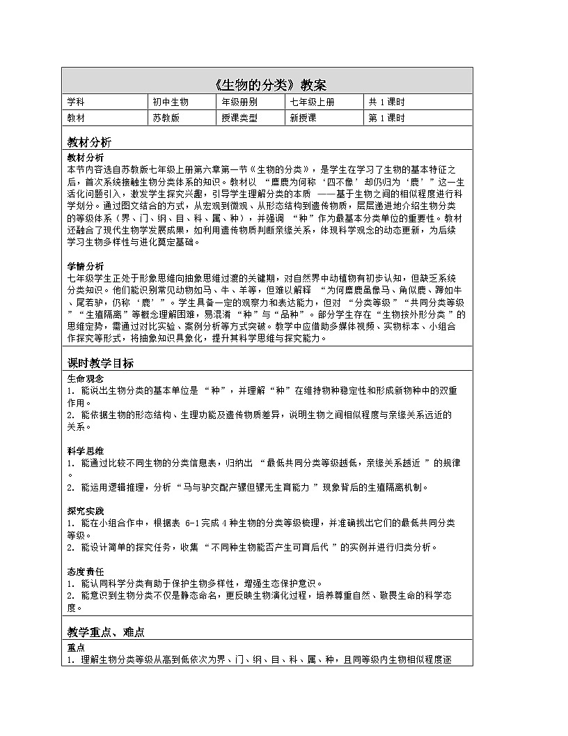 《6.1 生物的分类》教学设计（表格版）-2025-2026学年苏教版（2024）生物七年级上册第1页