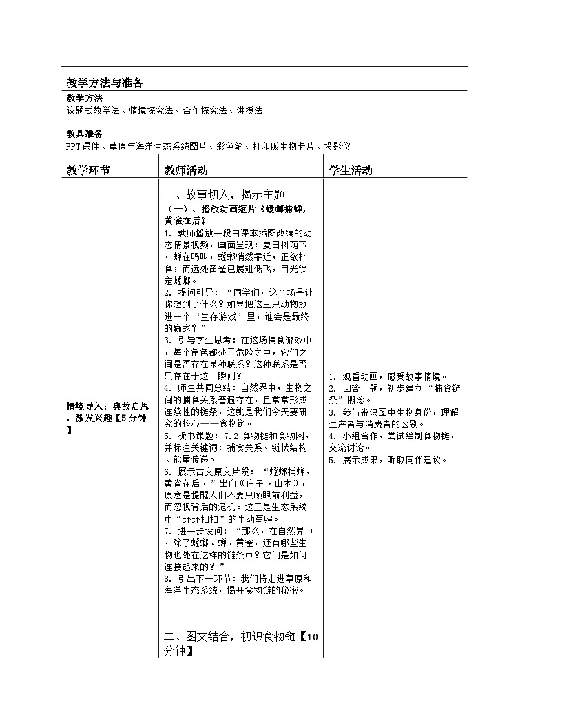 《7.2 食物链和食物网》教学设计（表格版）-2025-2026学年苏教版（2024）生物七年级下册第2页