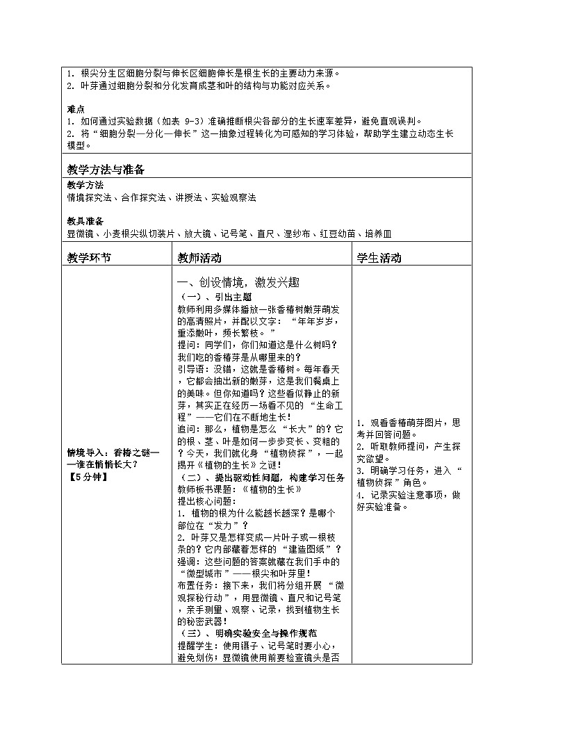 《9.2 植物的生长》教学设计（表格版）-2025-2026学年苏教版（2024）生物七年级下册第2页