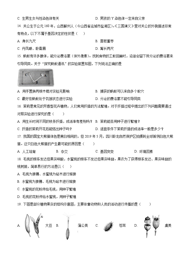 精品解析：山东省烟台市芝罘区2021-2022学年八年级上学期期末生物试题（原卷版）第3页