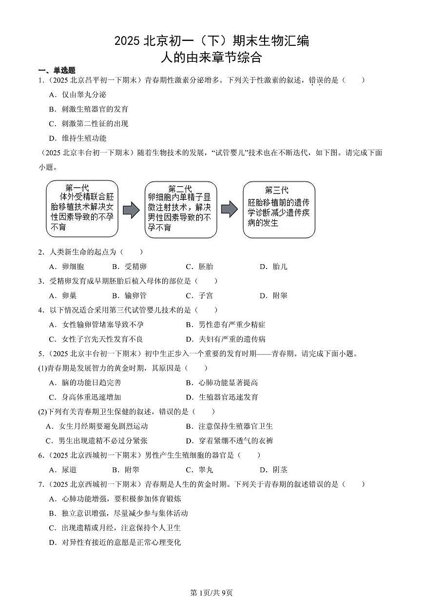 2025北京初一（下）期末生物汇编：人的由来章节综合第1页