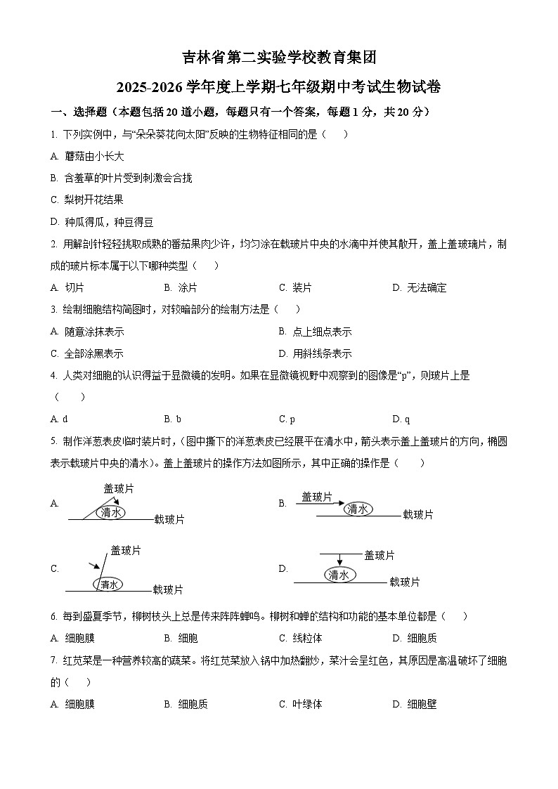 吉林省第二实验学校教育集团2025-2026学年七年级上学期期中 生物学试题第1页