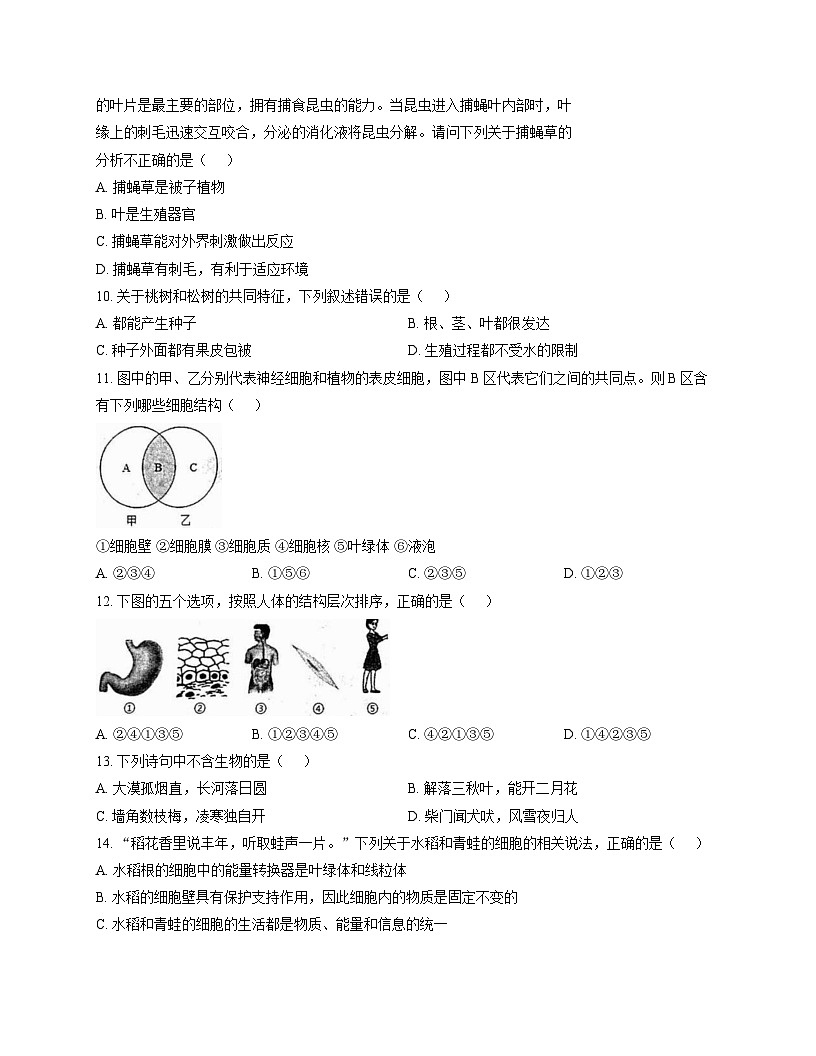 山东省济宁市汶上县2025-2026学年七年级上学期期中考试 生物试题第3页