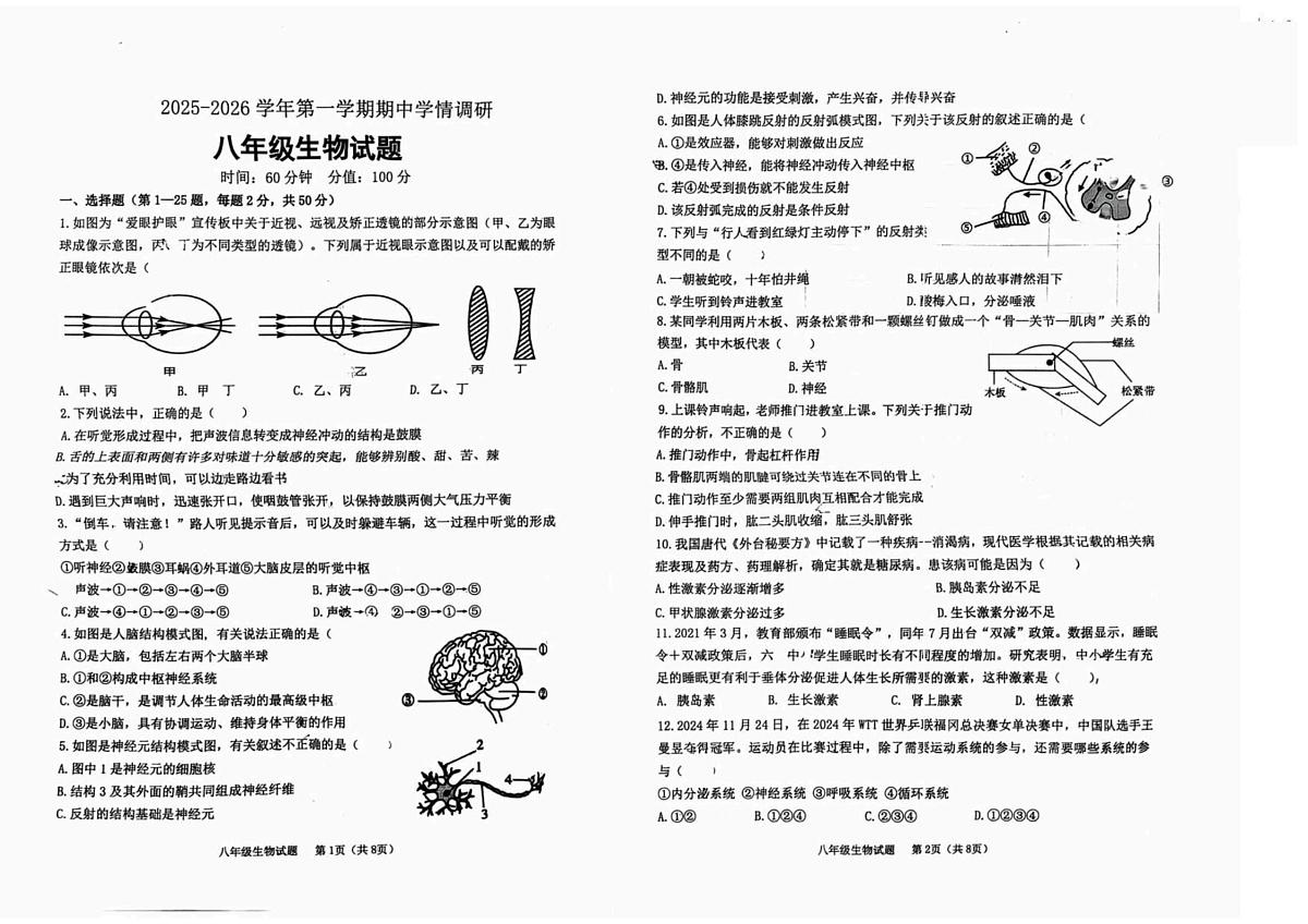 山东省聊城市东昌府区2025-2026学年八年级上学期期中 生物试题第1页