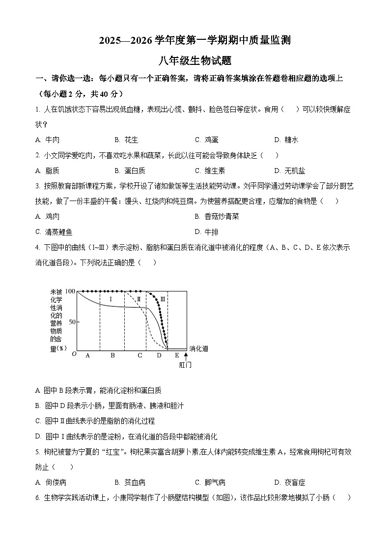 山东省枣庄市峄城区2025-2026学年八年级上学期期中 生物学试题第1页