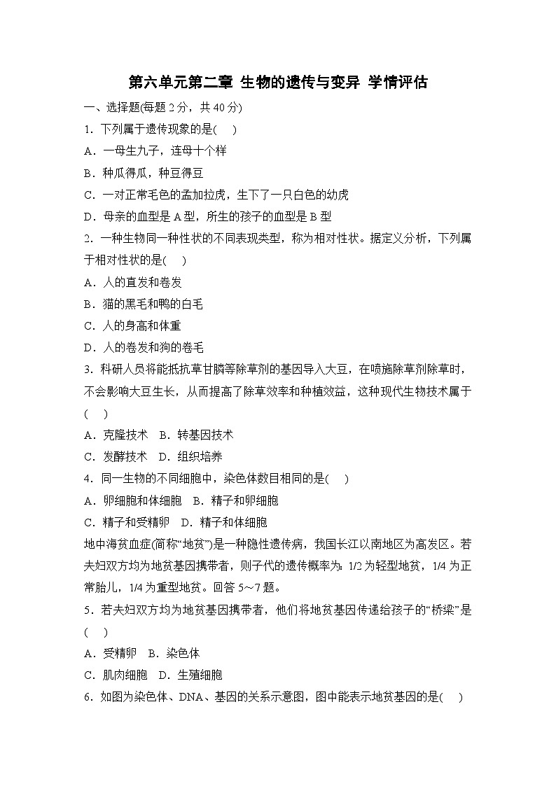 第六单元第二章+生物的遗传与变异+学情评估卷2025-2026学年人教版八年级生物下册 含答案第1页