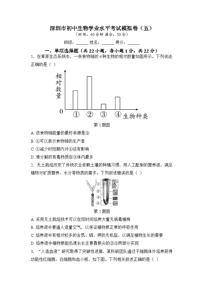 2025年深圳市初中生物学业水平考试模拟卷（五）（学生版）第1页