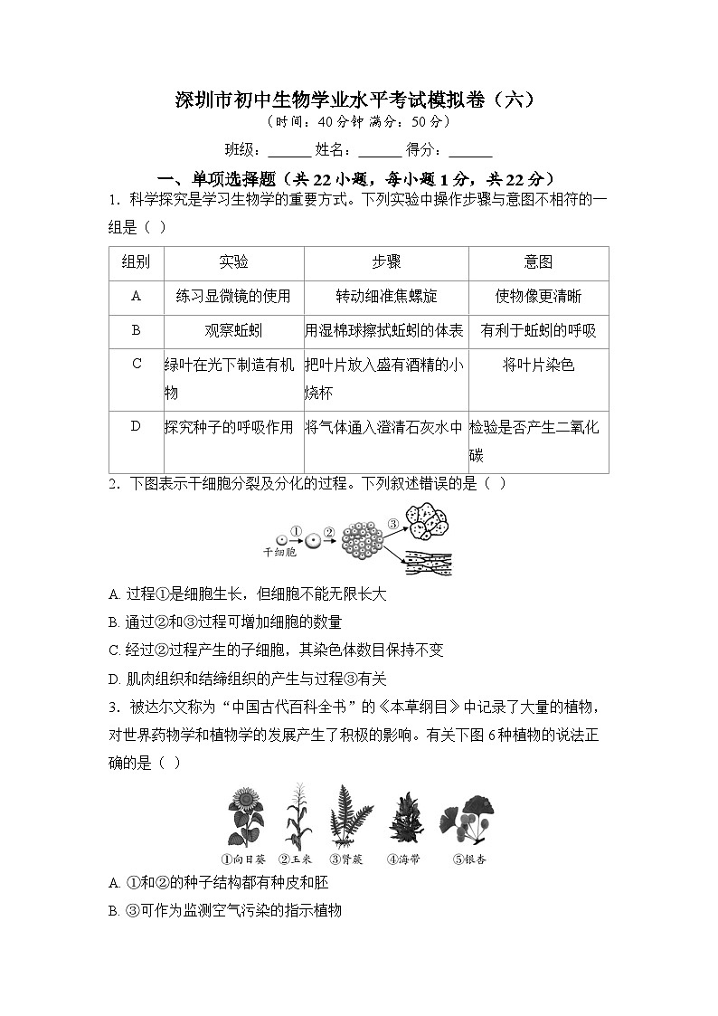 2025年深圳市初中生物学业水平考试模拟卷（六）（学生版）第1页