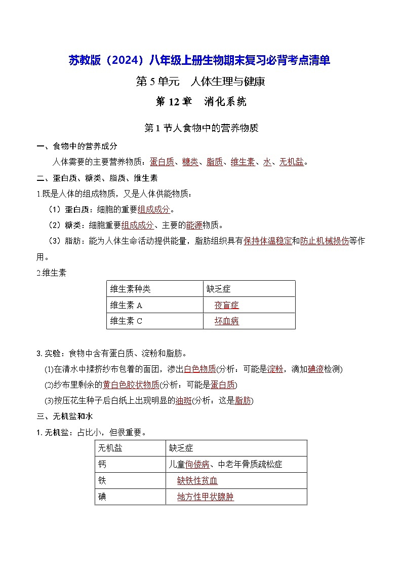 苏教版（2024）八年级上册生物期末复习必背考点清单 讲义第1页