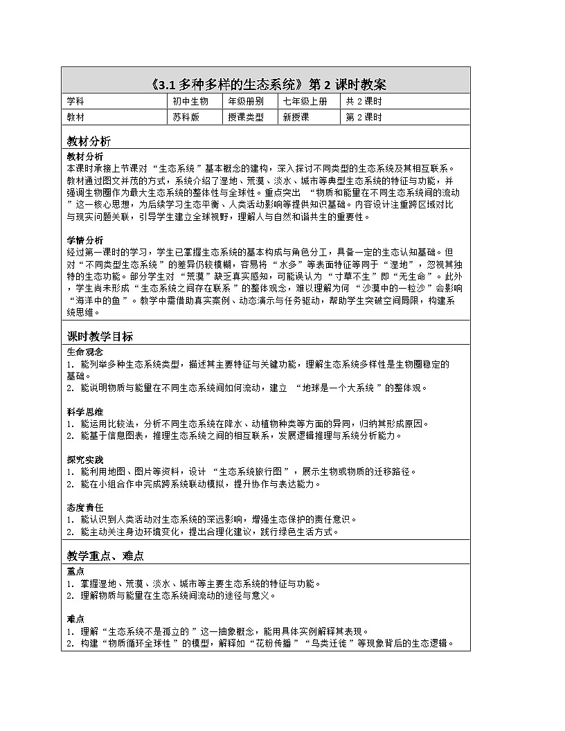 《3.1 多种多样的生态系统（第二课时）》教学设计（表格版）-2025-2026学年苏科版（2024）生物七年级上册第1页