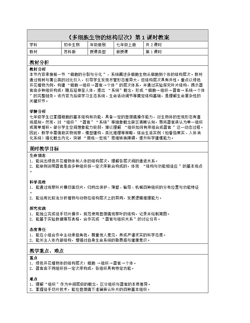 《5.2 多细胞生物的结构层次（第一课时）》教学设计（表格版）-2025-2026学年苏科版（2024）生物七年级上册第1页