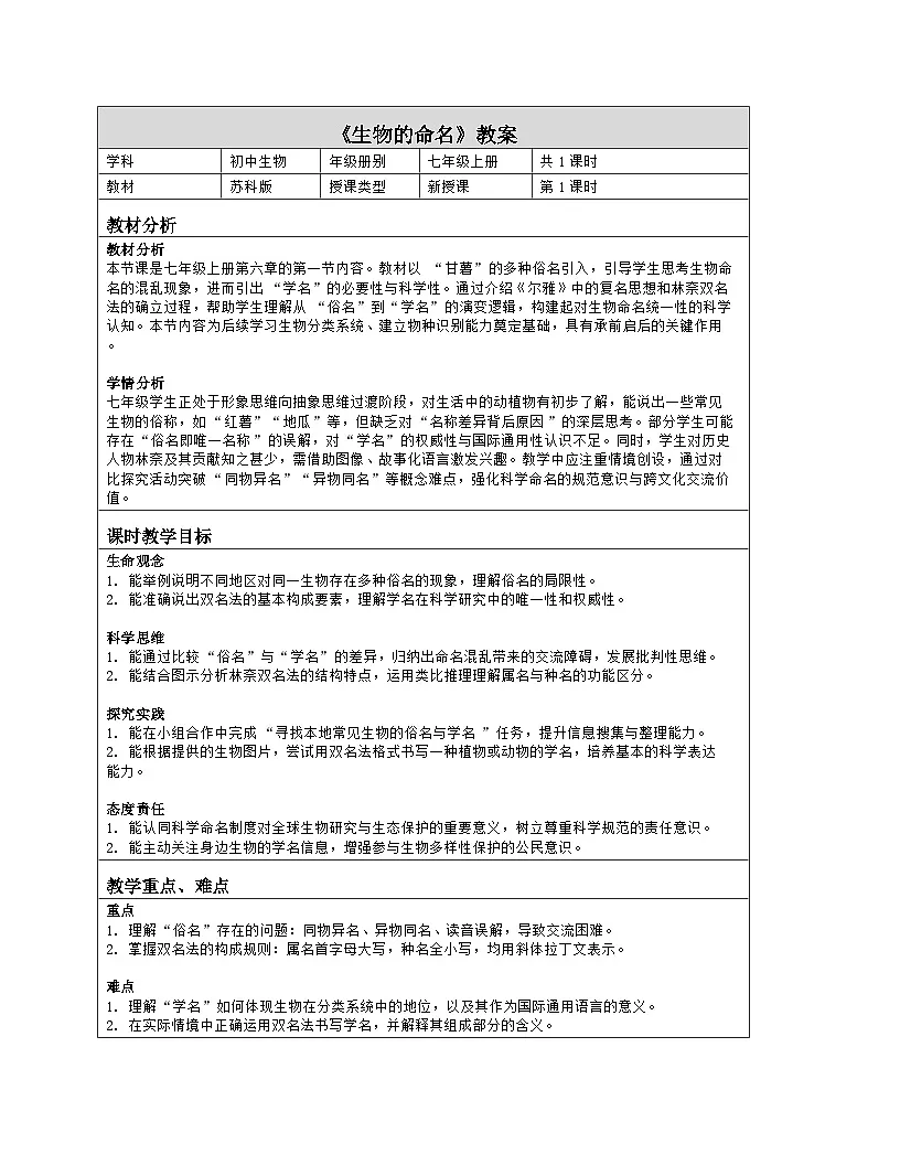 《6.1 生物的命名》教学设计（表格版）-2025-2026学年苏科版（2024）生物七年级上册第1页