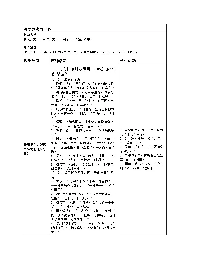 《6.1 生物的命名》教学设计（表格版）-2025-2026学年苏科版（2024）生物七年级上册第2页