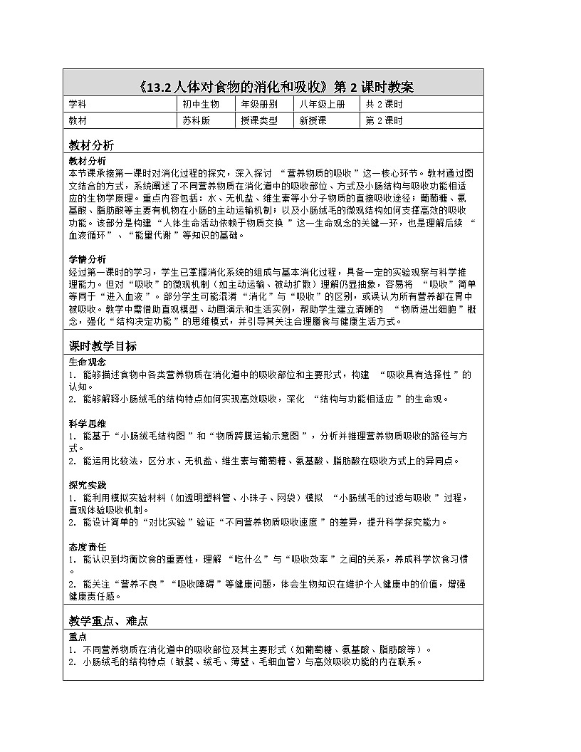 《13.2 人体对食物的消化和吸收（第二课时）》教学设计（表格版）-2025-2026学年苏科版（2024）生物八年级上册第1页