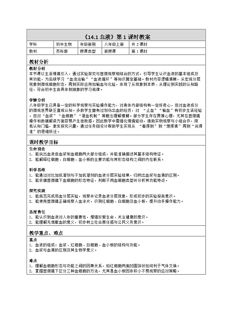 《14.1 血液（第一课时）》教学设计（表格版）-2025-2026学年苏科版（2024）生物八年级上册第1页