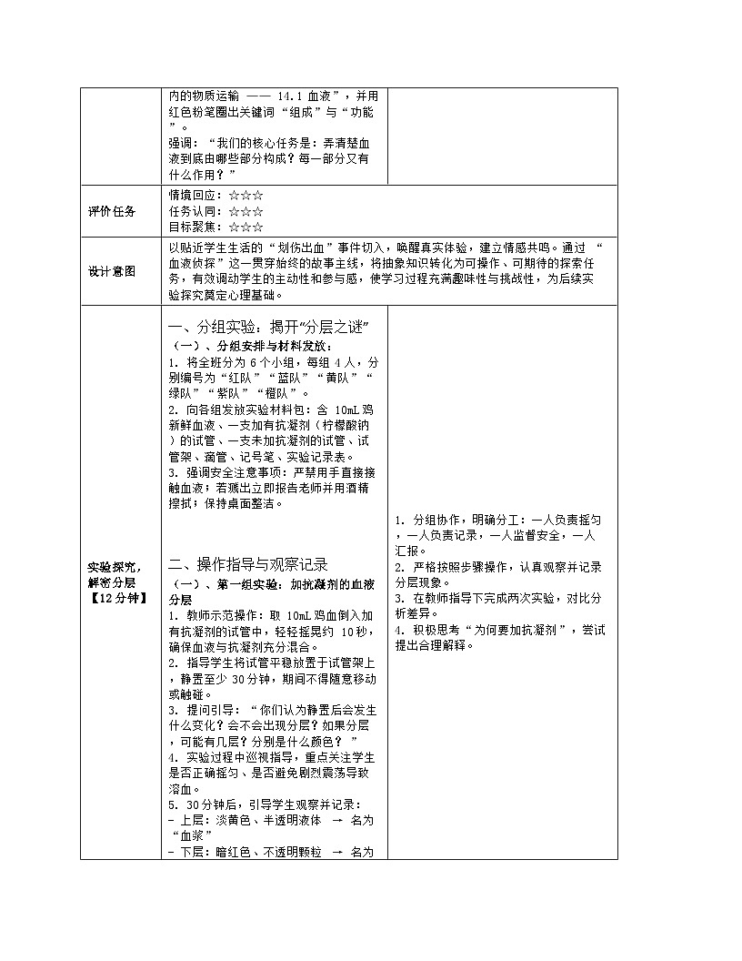 《14.1 血液（第一课时）》教学设计（表格版）-2025-2026学年苏科版（2024）生物八年级上册第3页