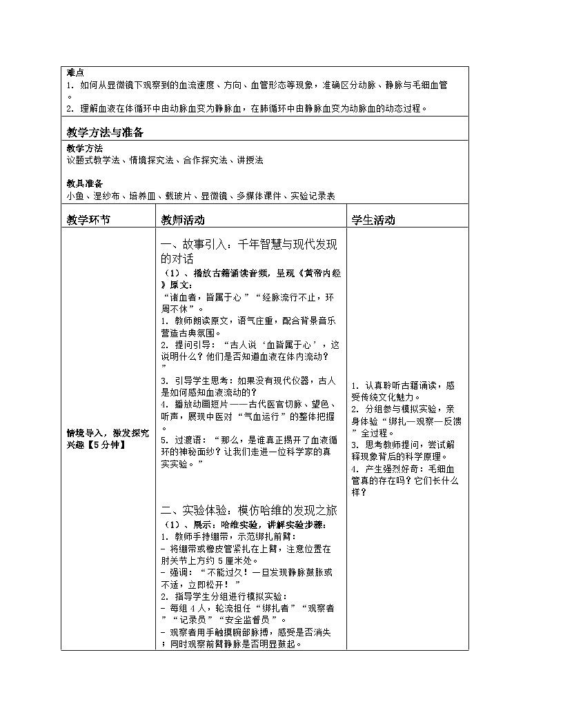 《14.3 血液循环（第一课时）》教学设计（表格版）-2025-2026学年苏科版（2024）生物八年级上册第2页
