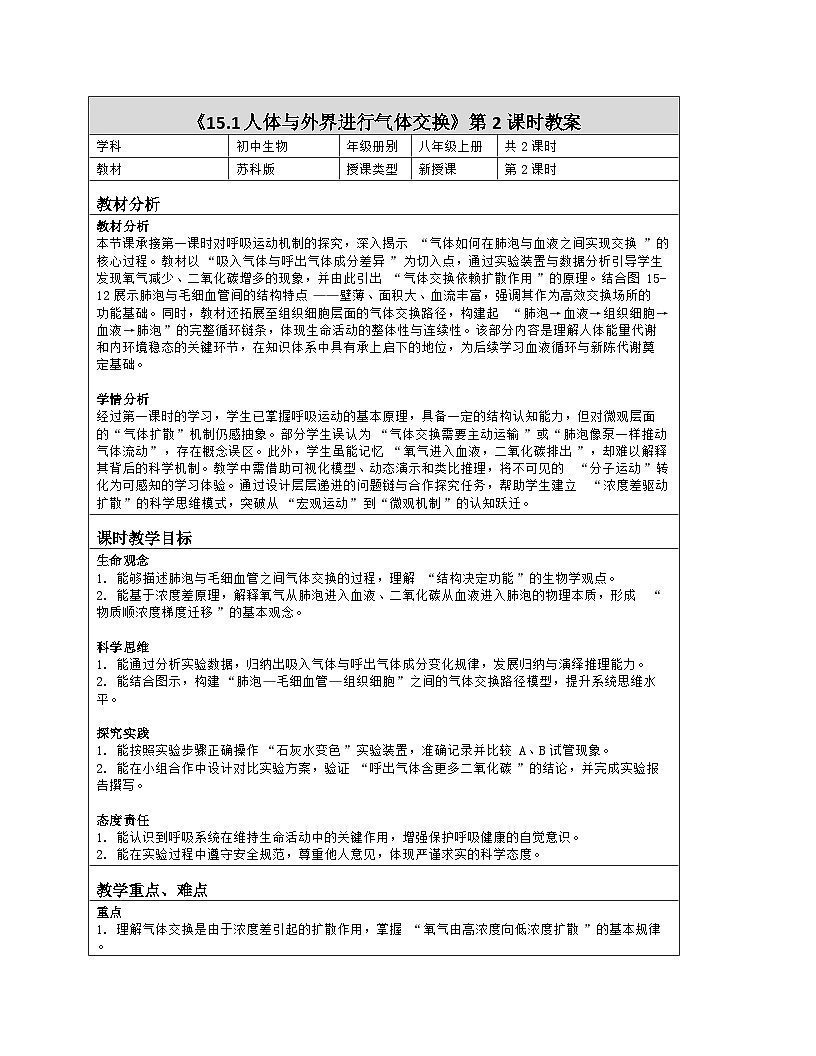 《15.1 人体与外界进行气体交换（第二课时）》教学设计（表格版）-2025-2026学年苏科版（2024）生物八年级上册第1页