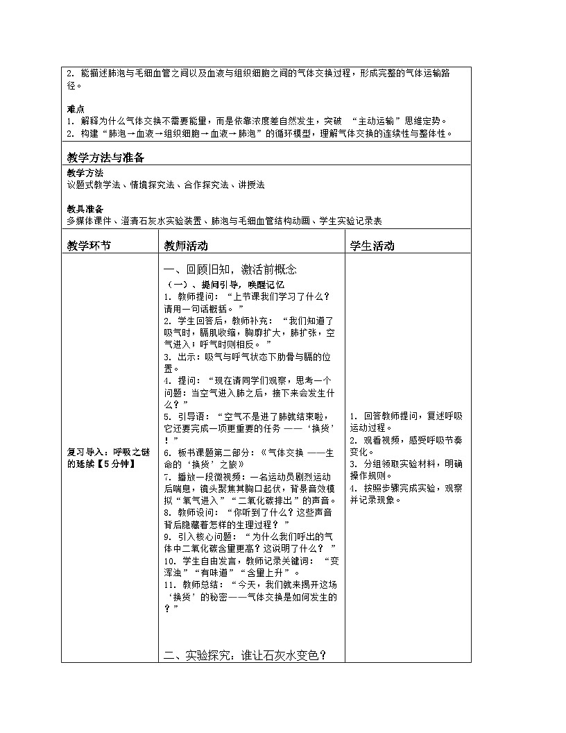 《15.1 人体与外界进行气体交换（第二课时）》教学设计（表格版）-2025-2026学年苏科版（2024）生物八年级上册第2页