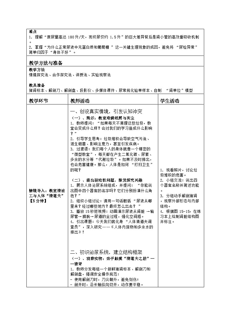 《15.2 人体内废物和多余水的排出（第一课时）》教学设计（表格版）-2025-2026学年苏科版（2024）生物八年级上册第2页